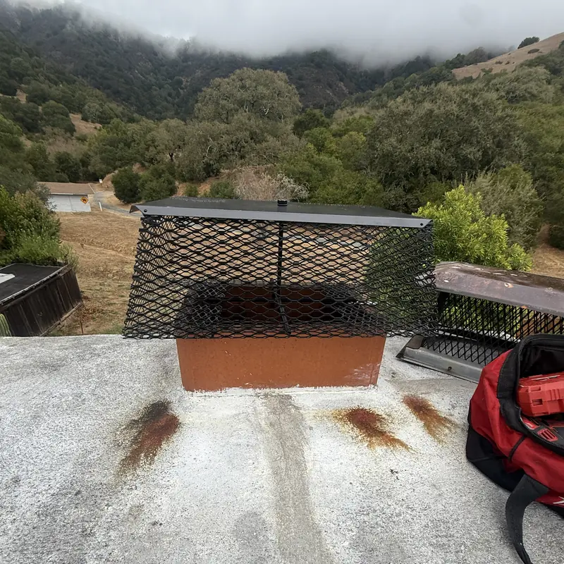 Rooftop chimney with a spark arrestor cap, overlooking green North Bay hills